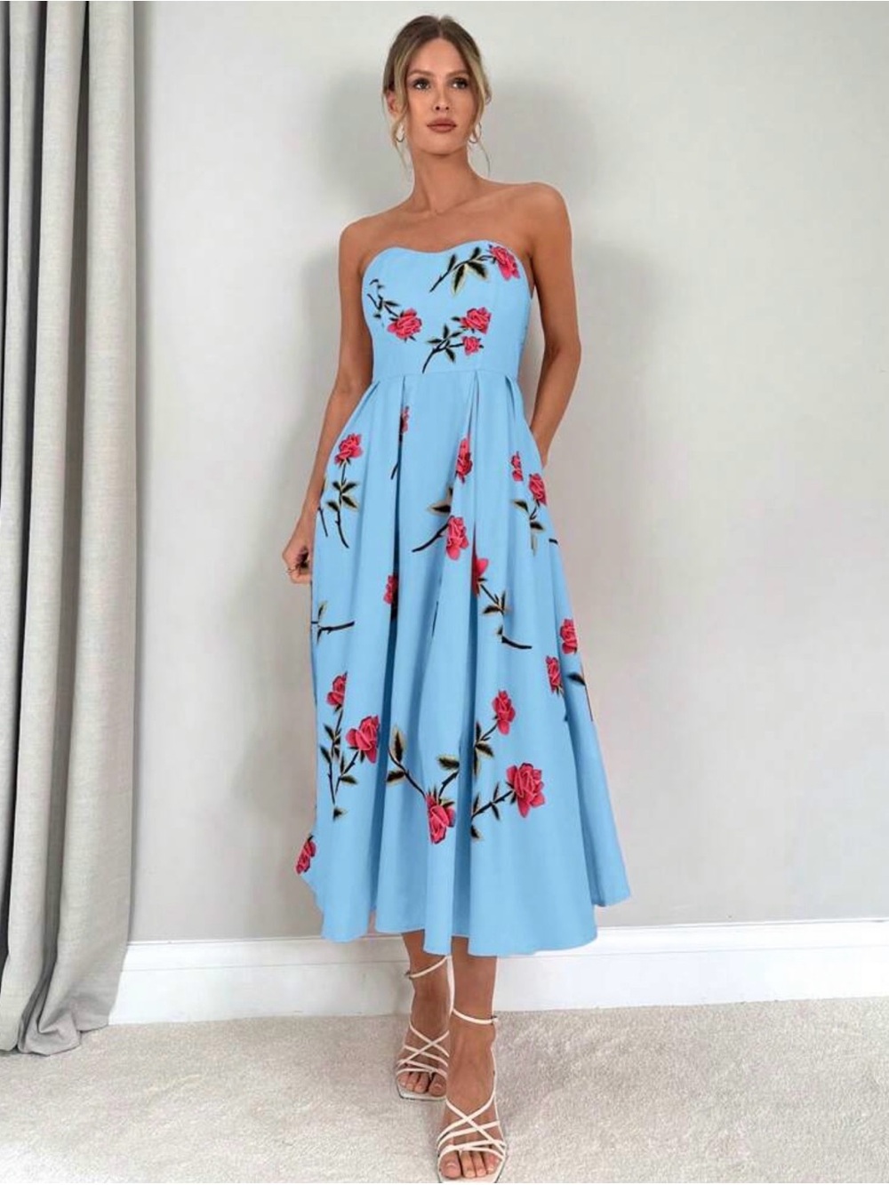 Strapless Blue Floral Midi Dress with pockets